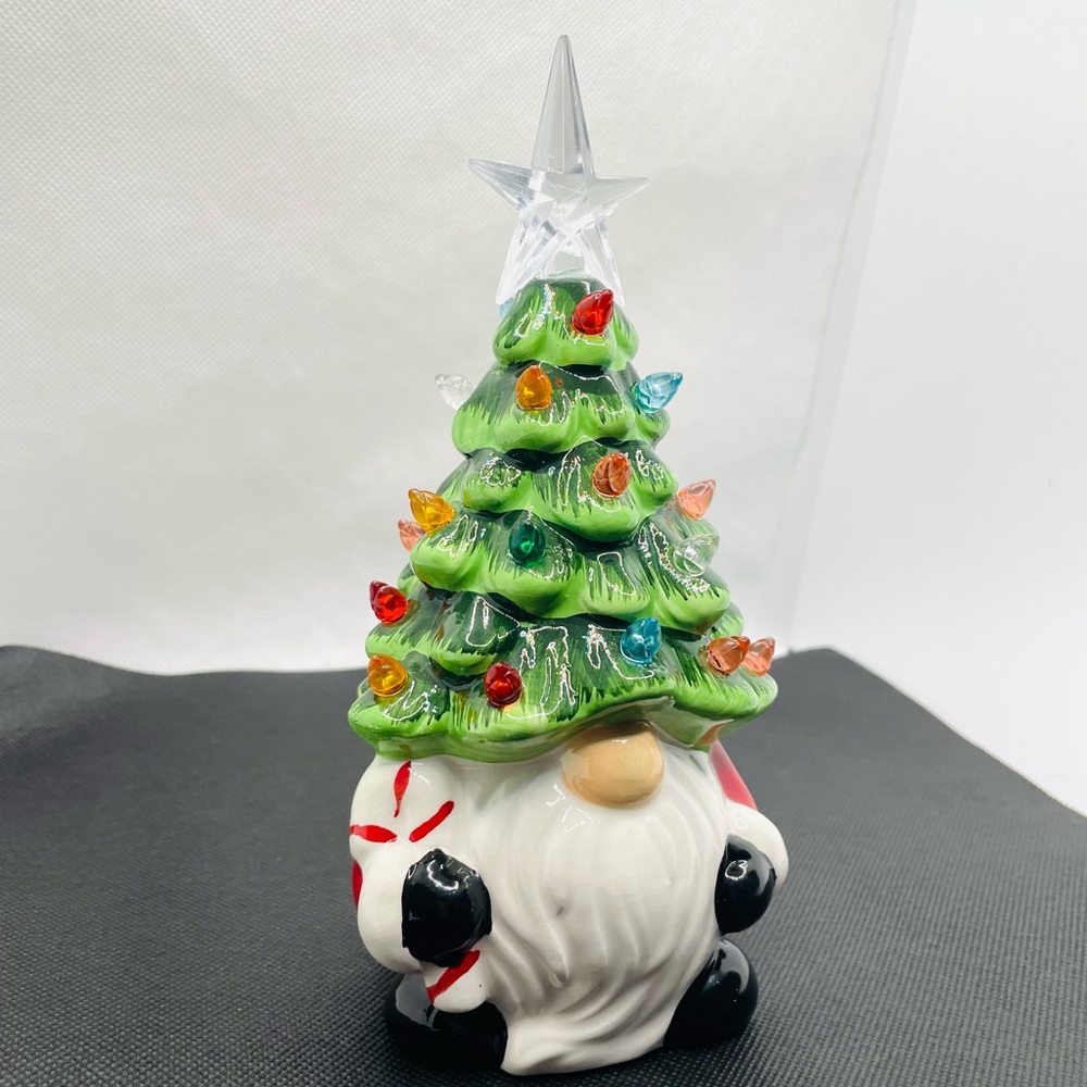 Merry Makers 8" Light-Up Ceramic Gnome Christmas Tree Multi Color Lights NIB